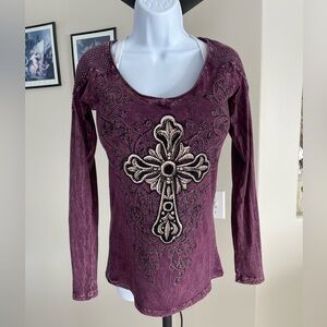 Vocal Plum Long Sleeve Top with Cross Embellishment